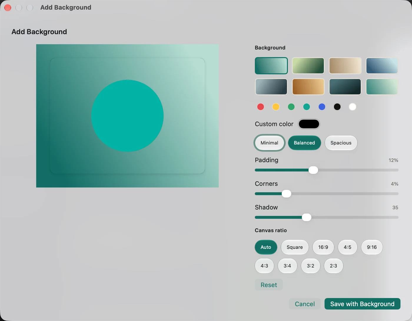 Transflo Add Background editor with canvas, color, padding, and shadow controls