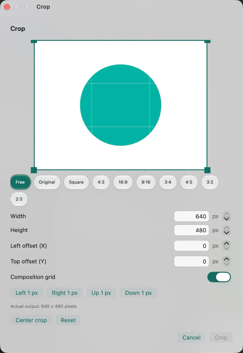 Transflo crop editor with aspect-ratio choices and exact pixel dimensions
