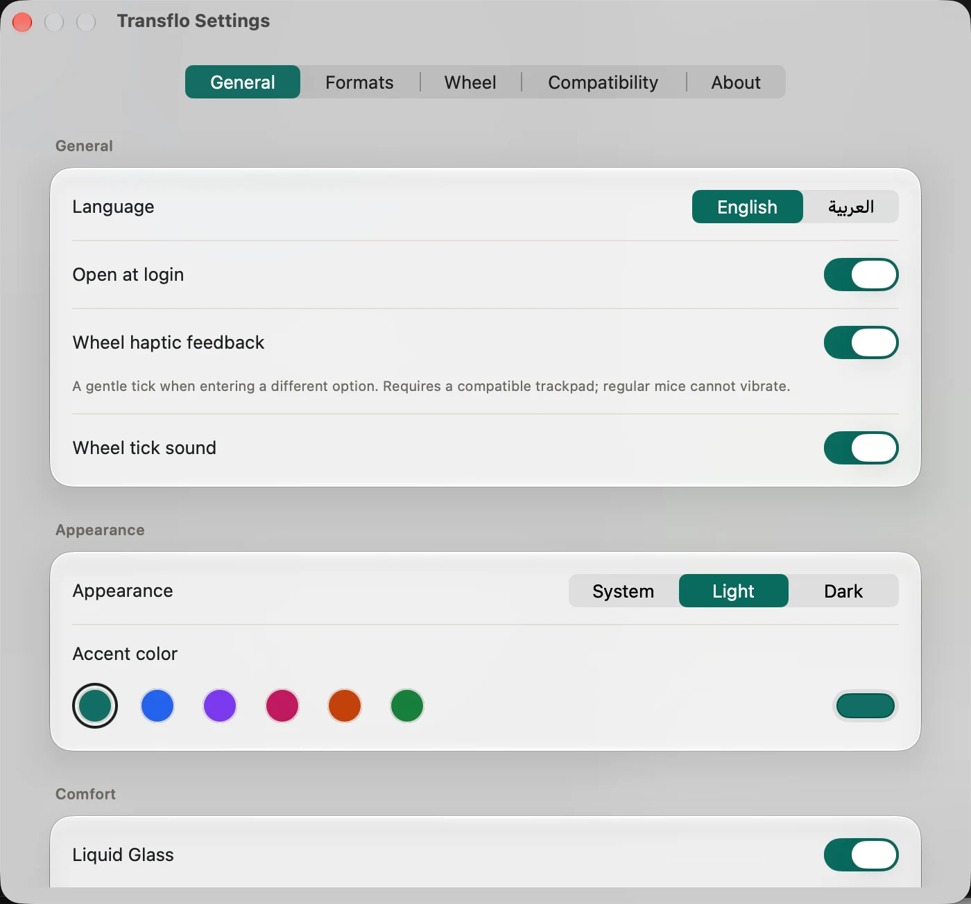 Transflo General settings with language, appearance, accent color, wheel sound, haptic feedback, and Liquid Glass controls