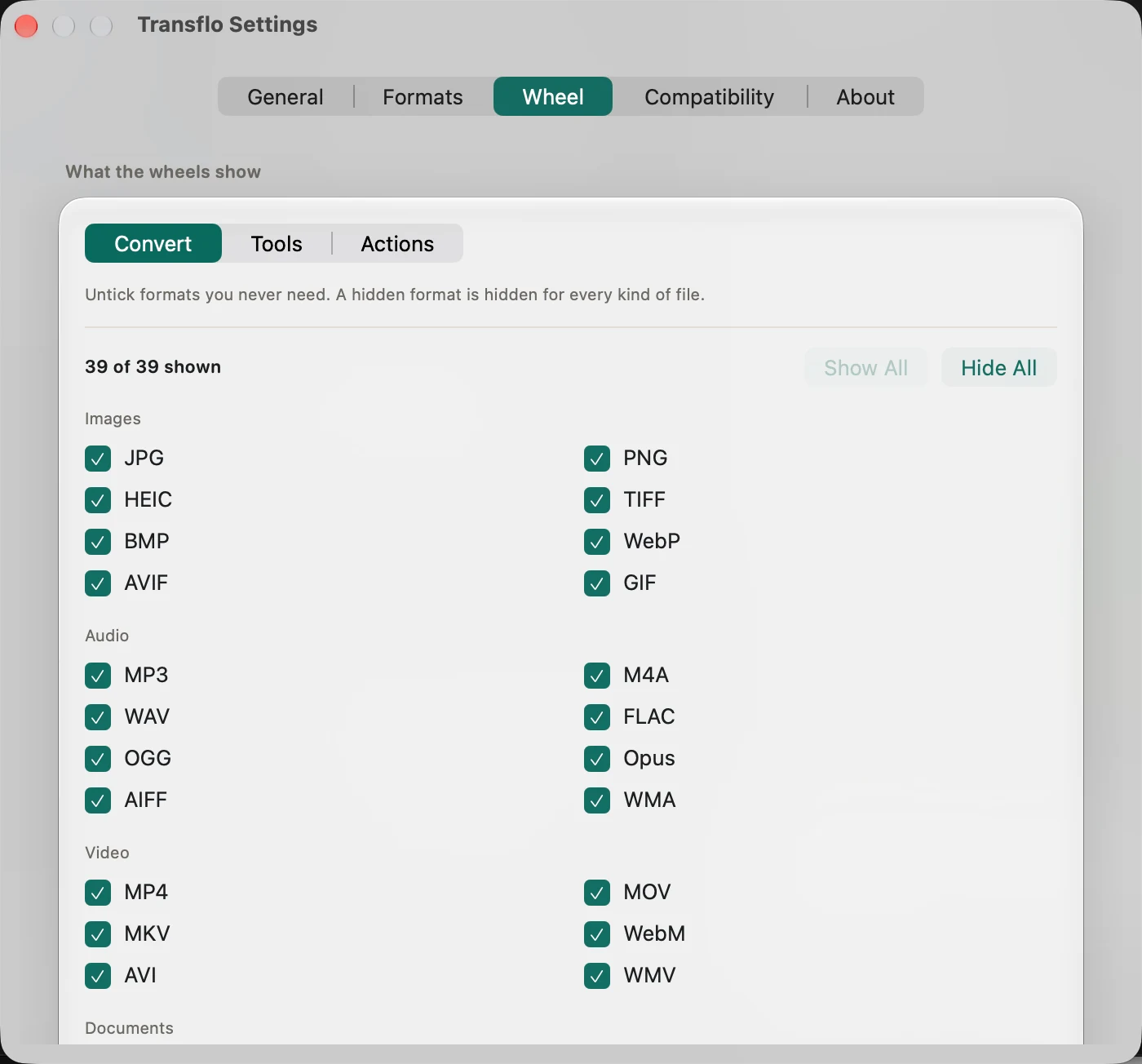 Transflo Wheel settings showing Convert, Tools, and Actions choices with visibility controls