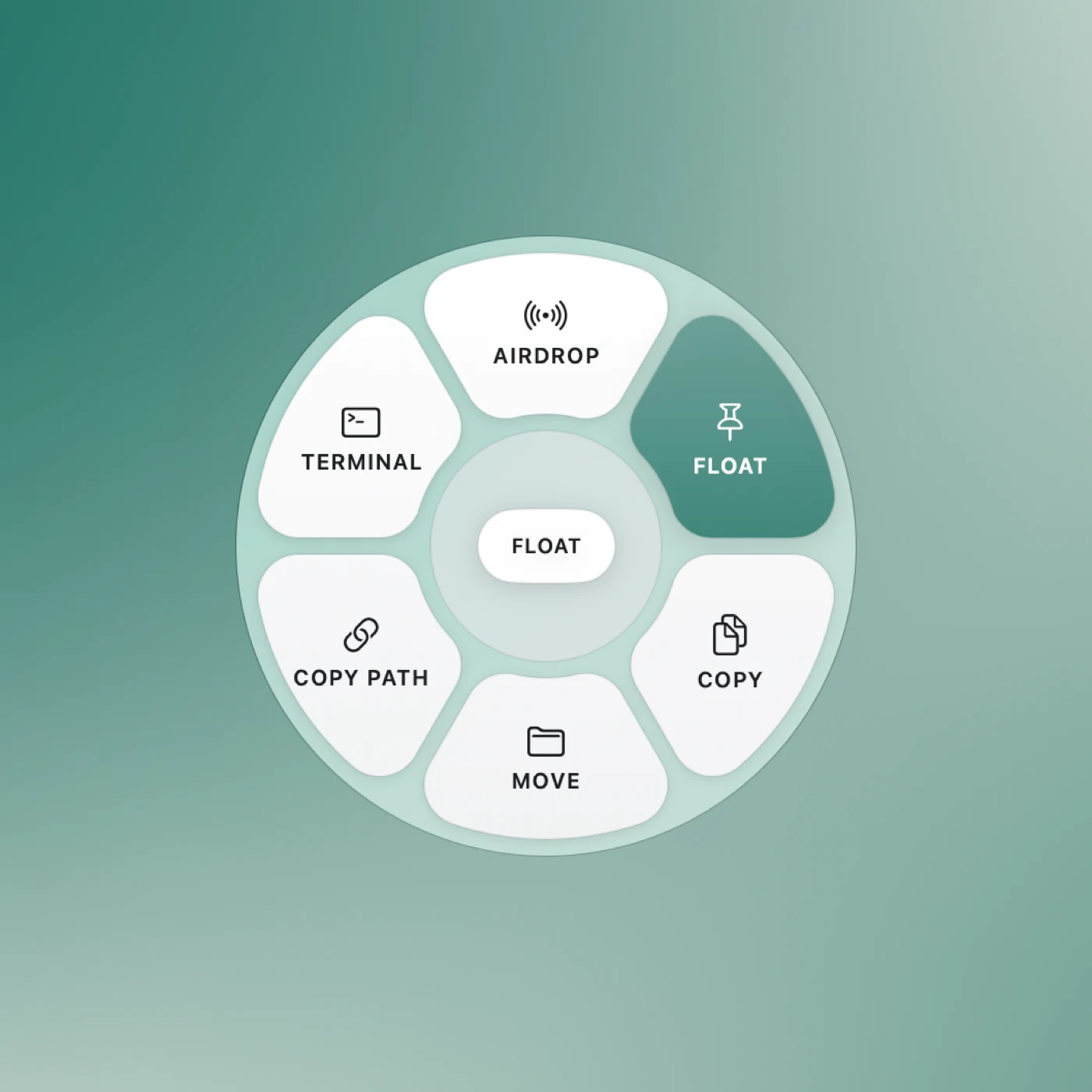 Actions wheel with AirDrop, Float, Copy, Move, Copy Path, and Terminal